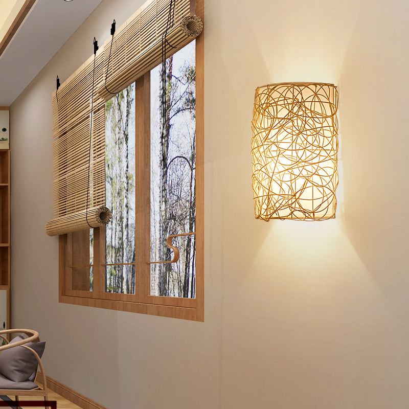 Rattan Half Cylinder Wall Lamp Nordic Style Single Wall Light Fixture for Corridor