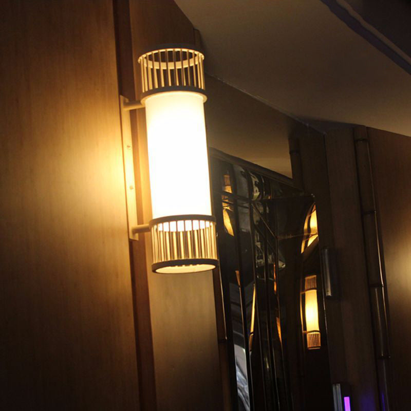 Cylindrical Wall Mount Light Modern Bamboo Single Wood Wall Light Fixture for Corridor