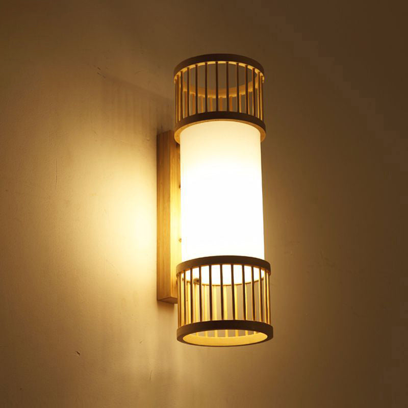 Cylindrical Wall Mount Light Modern Bamboo Single Wood Wall Light Fixture for Corridor