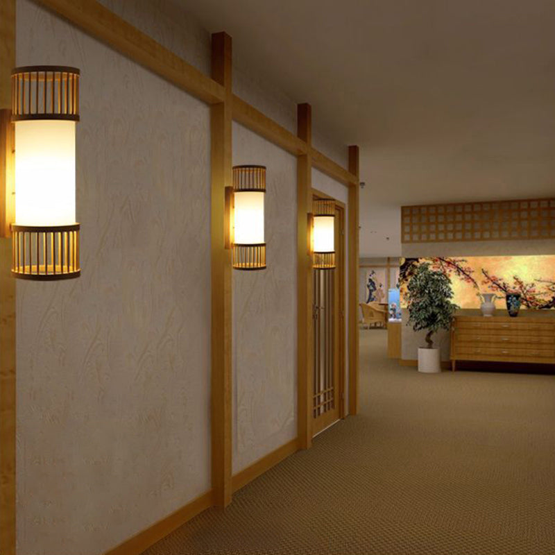 Cylindrical Wall Mount Light Modern Bamboo Single Wood Wall Light Fixture for Corridor