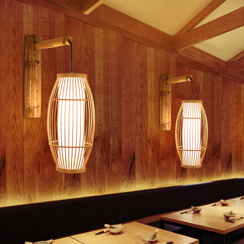 Barrel Bamboo Wall Light Minimalist 1 Head Wood Wall Lighting Fixture for Restaurant