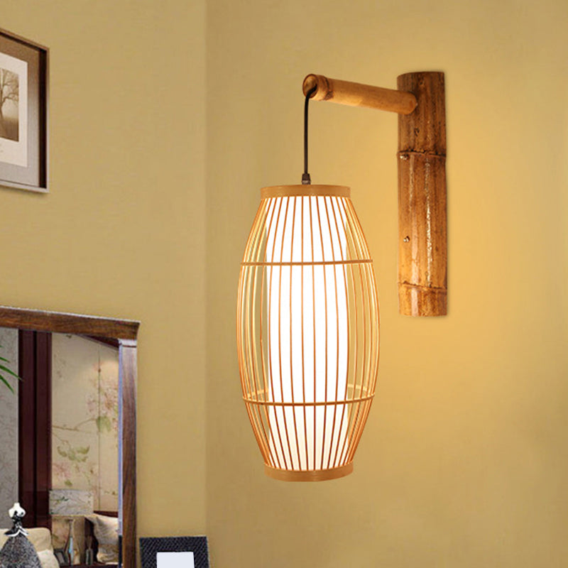 Barrel Bamboo Wall Light Minimalist 1 Head Wood Wall Lighting Fixture for Restaurant