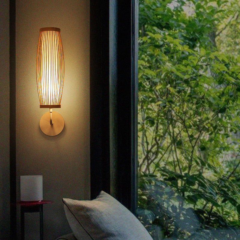 South-east Asia Elongated Oval Wall Light Fixture Bamboo Single Corridor Wall Mounted Lamp in Wood