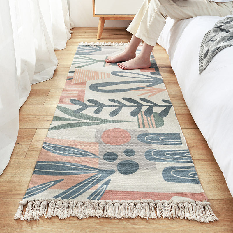 Nordic Leaf Print Rug Multi Color Synthetics Area Carpet Anti-Slip Backing Easy Care Rug with Tassel for Decoration