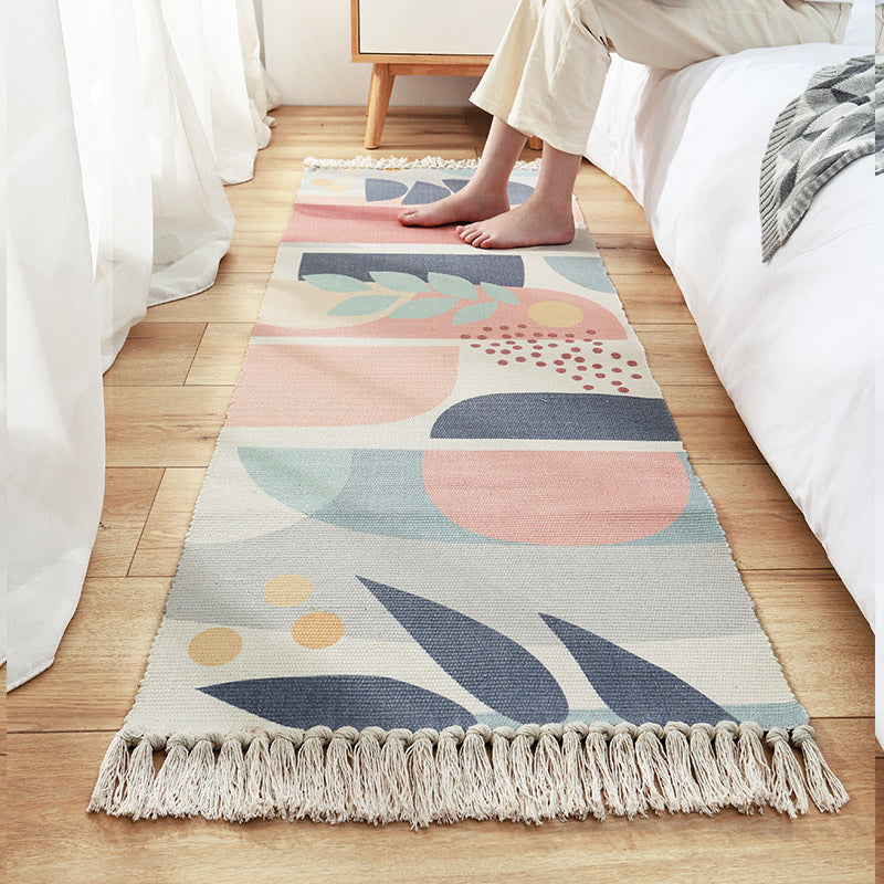 Nordic Leaf Print Rug Multi Color Synthetics Area Carpet Anti-Slip Backing Easy Care Rug with Tassel for Decoration