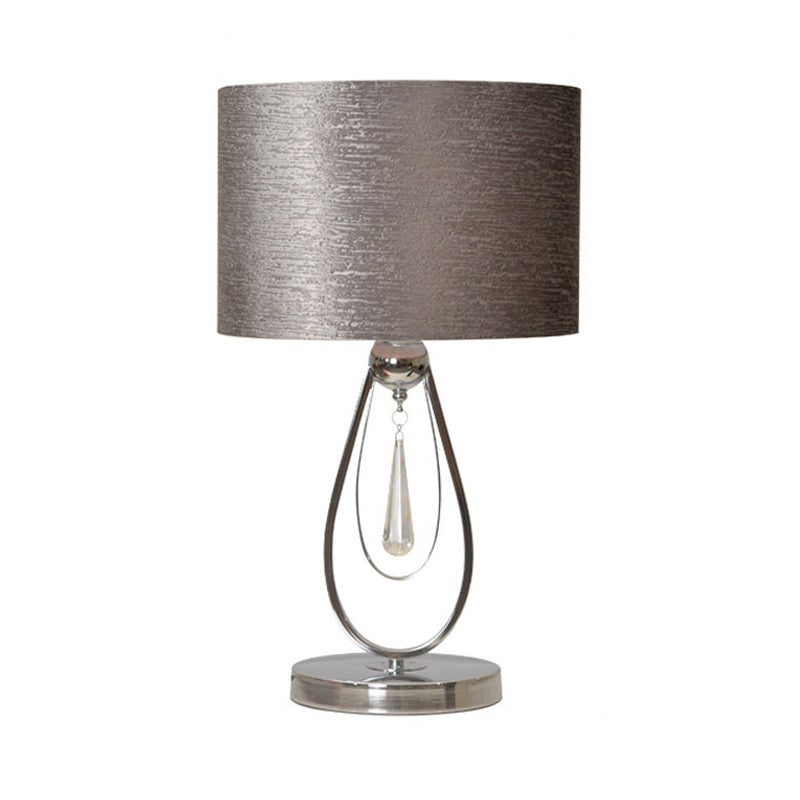 1 Light Desk Light Traditional Drum Fabric Reading Lamp in Grey for Bedroom with Metal Base