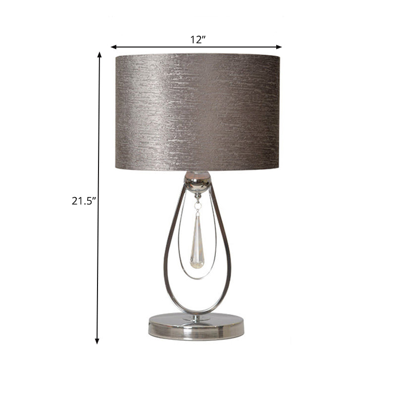 1 Light Desk Light Traditional Drum Fabric Reading Lamp in Grey for Bedroom with Metal Base
