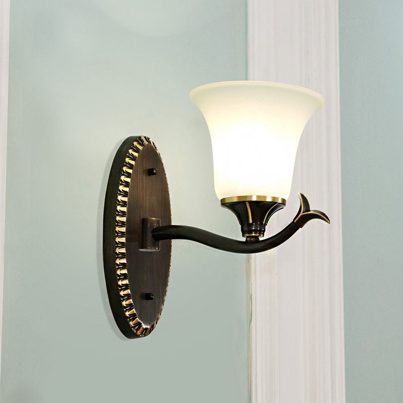Bell Living Room Wall Light Sconce Vintage Style Metal 1/2 Lights Black Wall Lamp with White Glass Shade