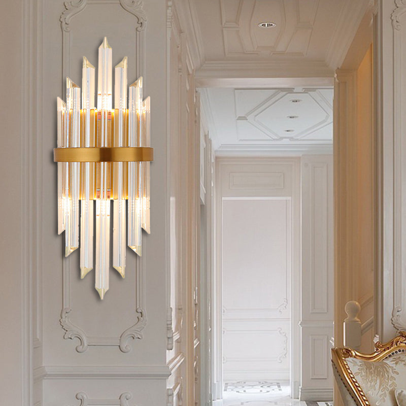 Clear Crystal Prism Wall Sconce Lamp Modernist Style 2 Lights Brass Finish Wall Lighting for Corridor