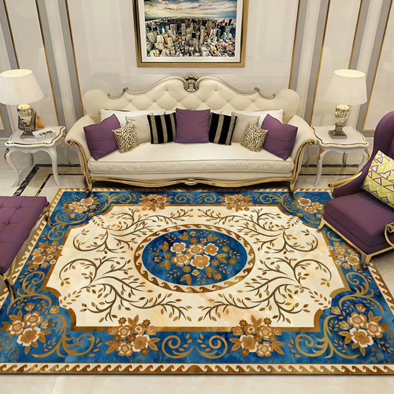 Vintage Living Room Rug Multi-Colored Floral Print Carpet Polyster Easy Care Non-Slip Backing Indoor Rug