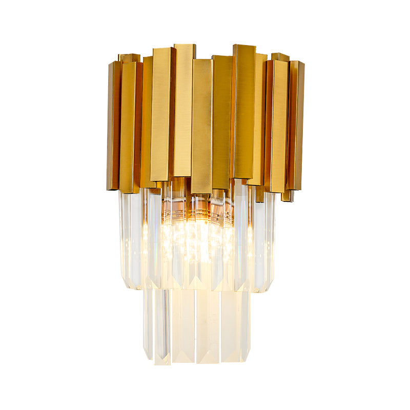 Tiered Wall Light Sconce Modern Style Metal 1 Light Golden Sconce Lamp with Clear Crystal Prism