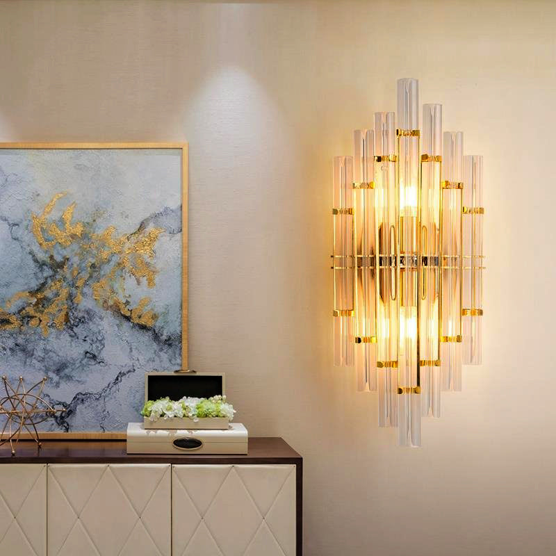 Tube Clear Crystal Wall Light Fixture Contemporary 2 Lights Golden Wall Lamp for Living Room