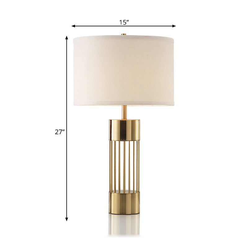 Lampada da scrivania in tessuto tamburo tradizionale 1 camera da letto leggero leggero in ottone con base di cilindri
