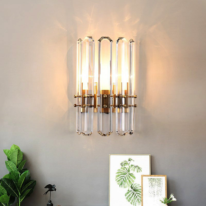 Cylinder Wall Lighting Modern Style Metal 2 Bulbs Golden Sconce Light with Clear Crystal Prism for Living Room