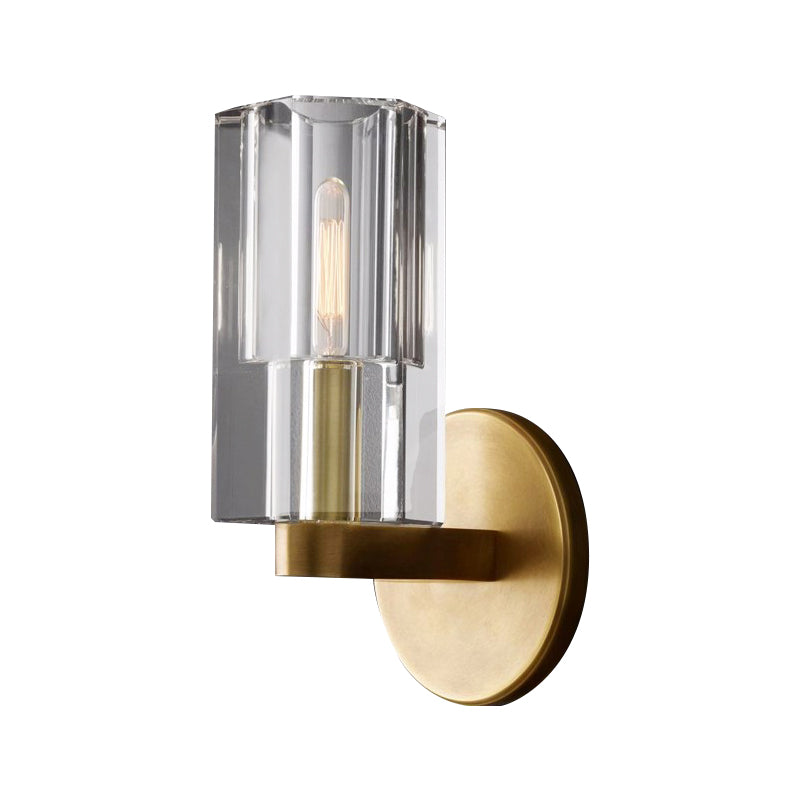 Cylinder Clear Crystal Wall Lamp Modernist 1 Light Wall Lighting Fixture with Round Backplate in Brass