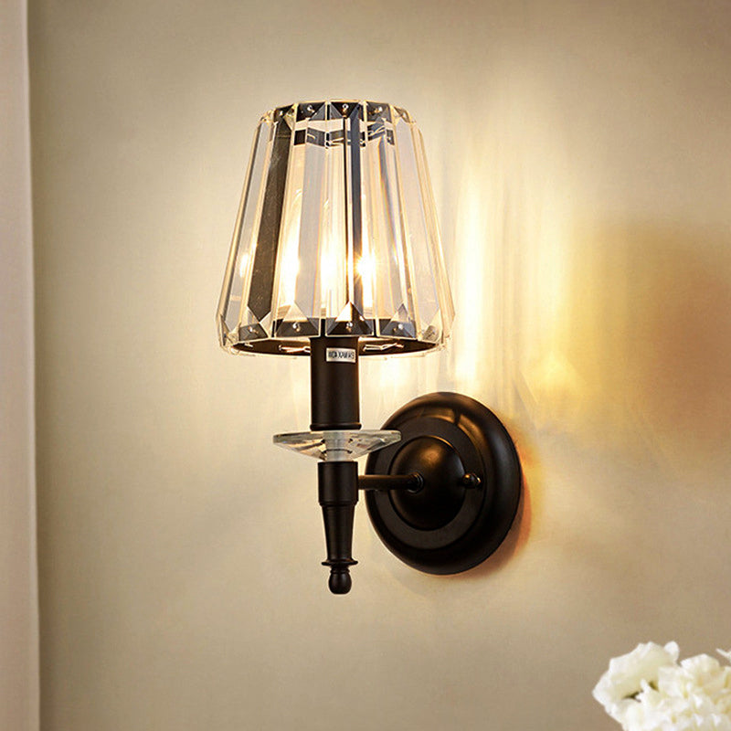 Cono CONIGLIO CHRIDAL Crystal Light Sconce Contemporary 1 Lampada a parete nera leggera con piastra rotonda in metallo