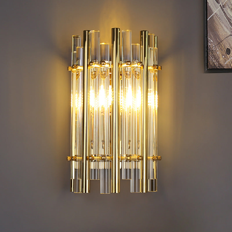 Tubular Wall Sconce Modernist Style Clear Crystal and Metal 1 Light Golden Wall Lighting for Bedroom
