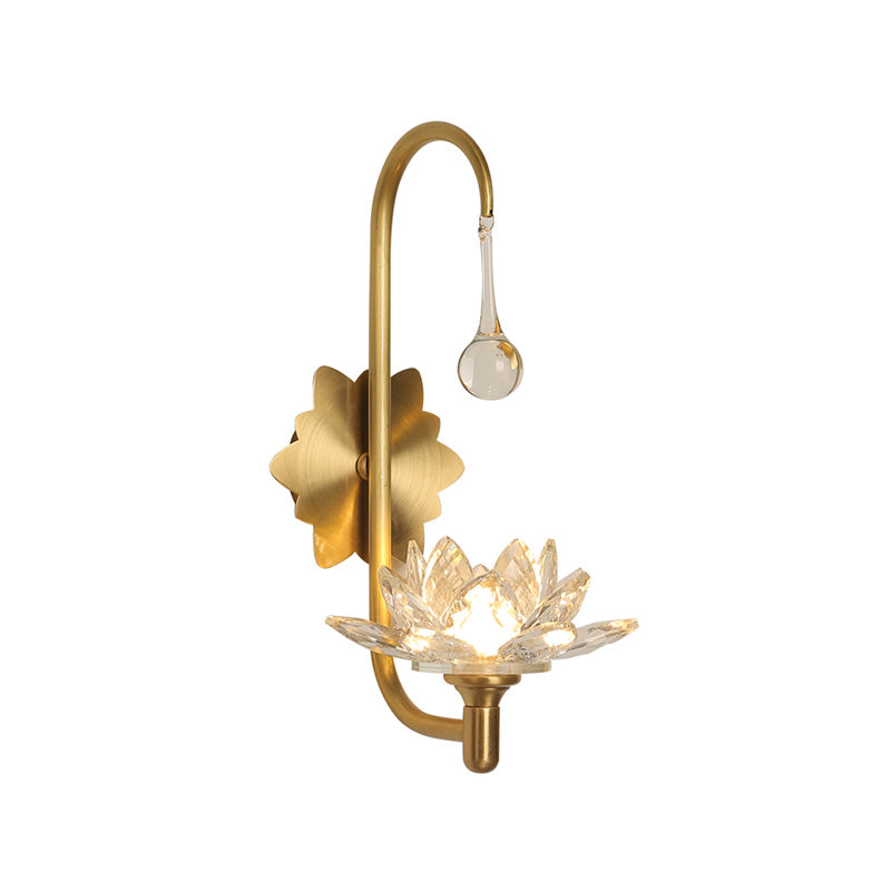 Modernist Lotus Wall Lamp Clear Crystal 1 Head Bedside Wall Light Sconce with Curved Arm in Brass