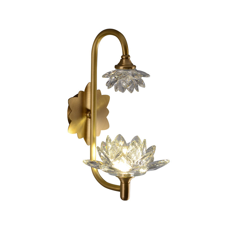 1 Glühbirnenschlafzimmer Wandleuchte Moderne Style Messing Finish Wandlampe mit Lotus klarer Kristallschatten
