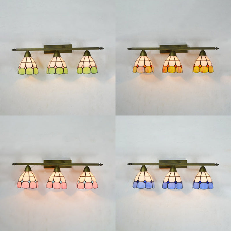Yellow/Pink/Green/Blue Dome Wall Sconce Lamp Vintage Tiffany 3 Lights Wall Mount Light in Brass for Bathroom