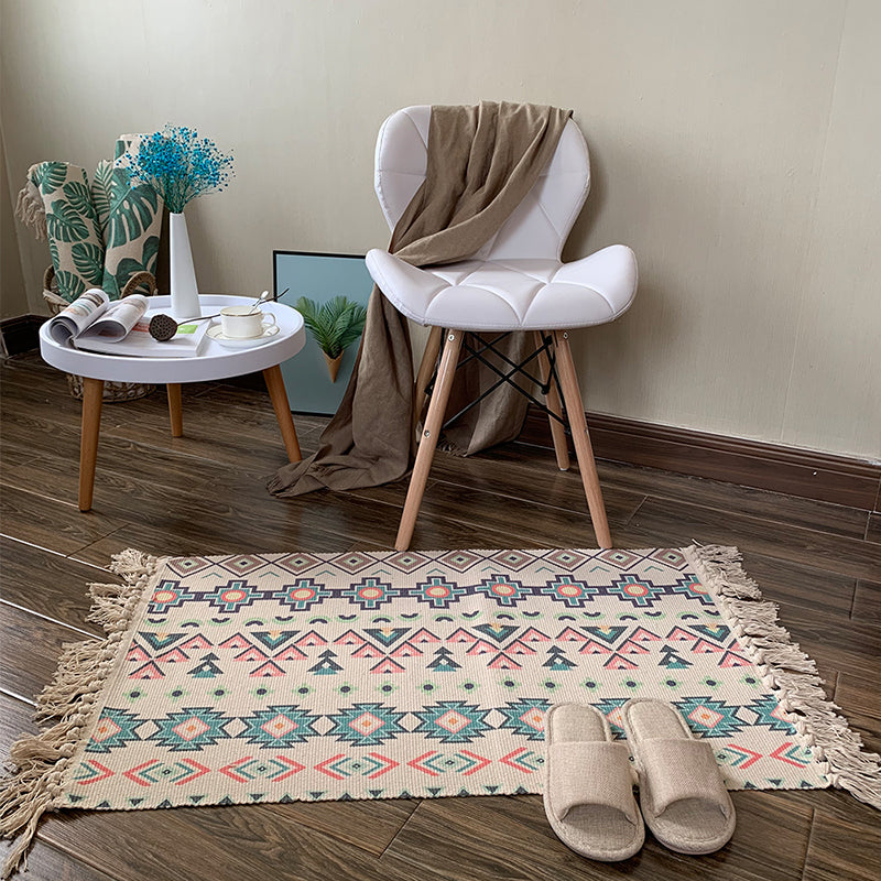 Southwestern Geometric Print Rug Multi-Colored Flax Carpet Hand Twisted Pet Friendly Rug with Fringe for Decoration