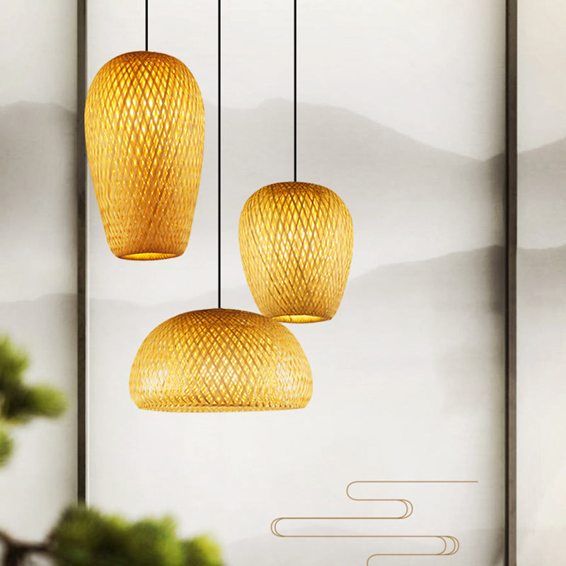 Bamboo Handcrafted Ceiling Light Asian Style 1 Bulb Wood Hanging Lamp for Restaurant
