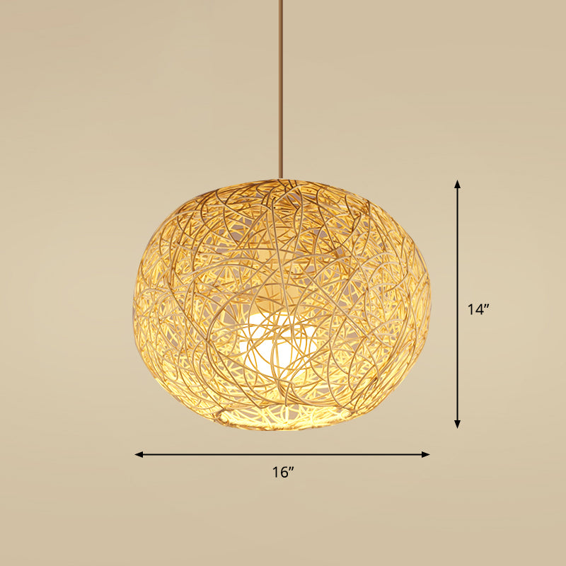 Bamboo Handcrafted Ceiling Light Asian Style 1 Bulb Wood Hanging Lamp for Restaurant