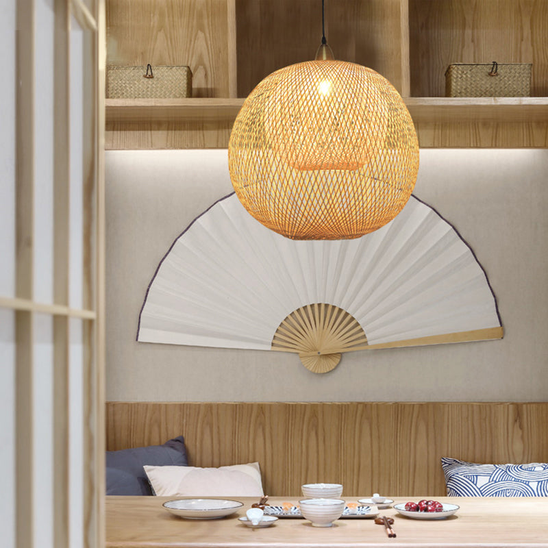 Sphere Bamboo Suspension Lighting Minimalist 1 Head Wood Pendant Ceiling Light for Tea Room