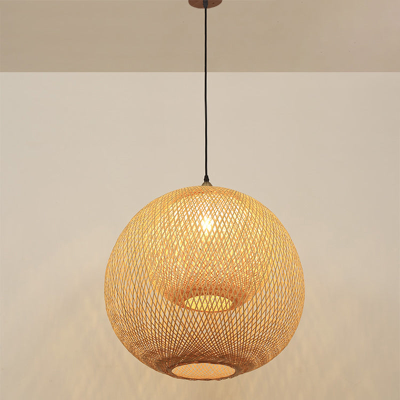 Sphere Bamboo Suspension Lighting Minimalist 1 Head Wood Pendant Ceiling Light for Tea Room