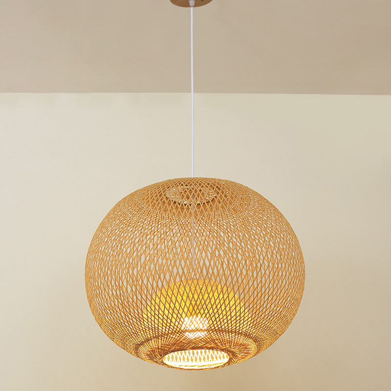Sphere Bamboo Suspension Lighting Minimalist 1 Head Wood Pendant Ceiling Light for Tea Room