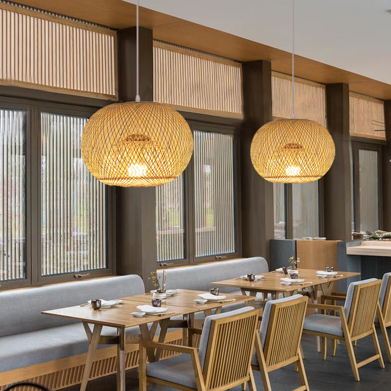 Wood Handwoven Pendant Lighting Contemporary 1 Bulb Bamboo Suspension Light Fixture