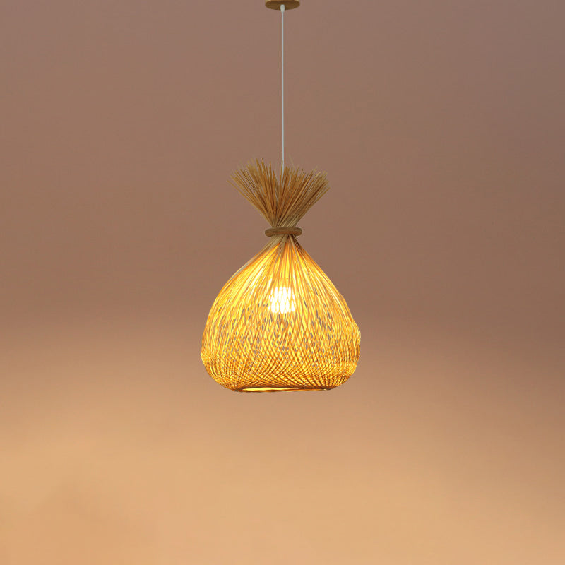 Wood Handwoven Pendant Lighting Contemporary 1 Bulb Bamboo Suspension Light Fixture