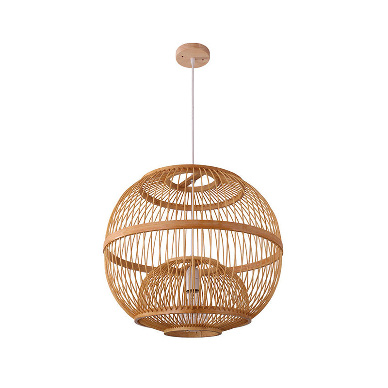 Globe Shaded Bamboo Ceiling Light Asian Style 1 Bulb Wood Hanging Lamp for Tea Room