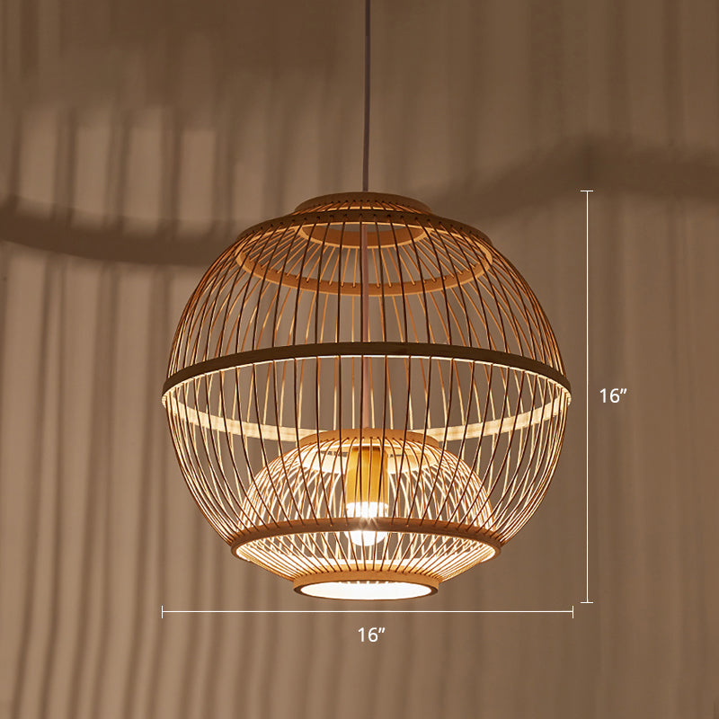 Sphere Shaded Suspension Lighting Minimalist Bamboo 1 Head Wood Pendant Ceiling Light