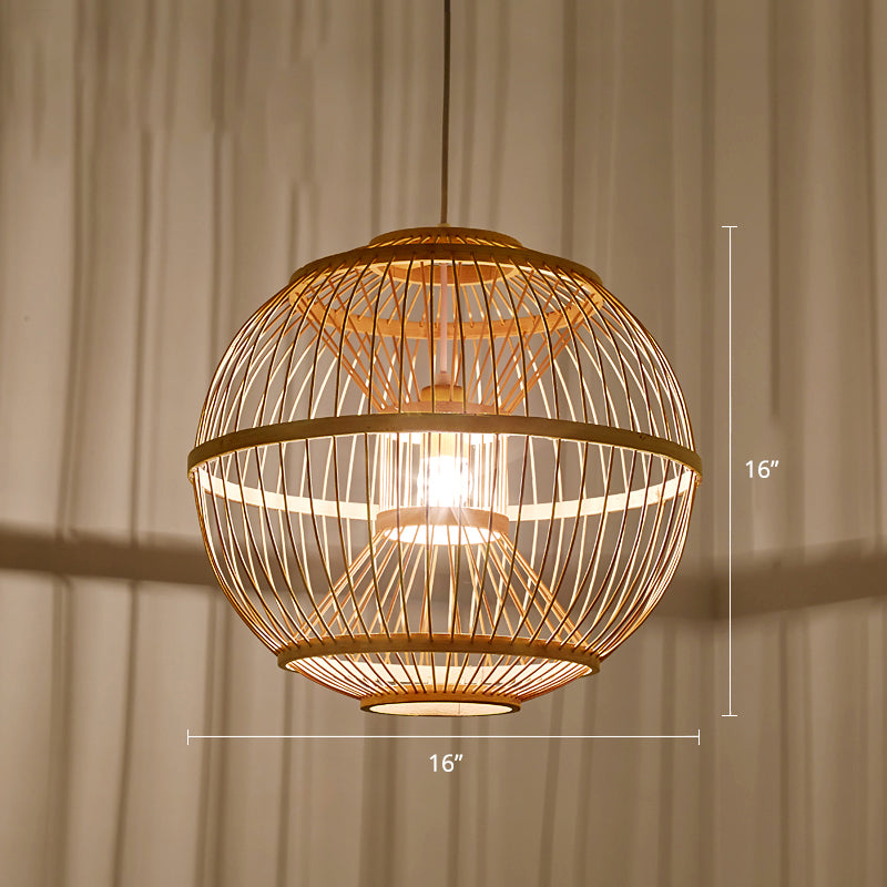 Sphere Shaded Suspension Lighting Minimalist Bamboo 1 Head Wood Pendant Ceiling Light