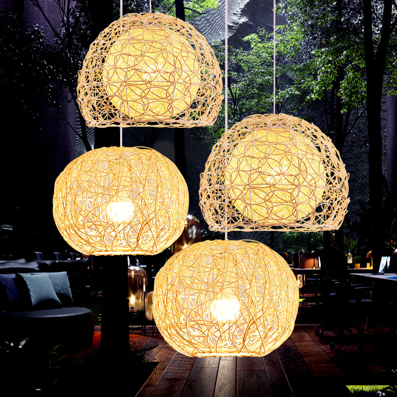 Wood Handcrafted Suspension Lighting Minimalist Single Bamboo Pendant Ceiling Light