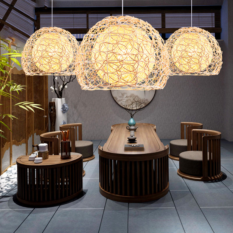 Wood Handcrafted Suspension Lighting Minimalist Single Bamboo Pendant Ceiling Light