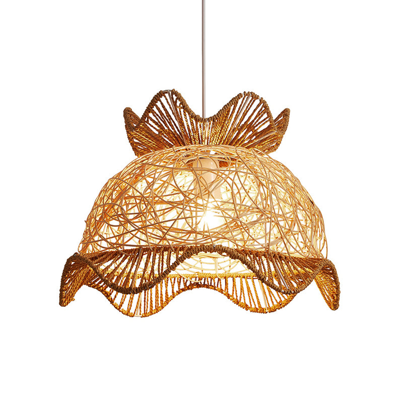 Wood Scalloped Ceiling Light Asian Style 1 Head Rattan Hanging Lamp for Restaurant