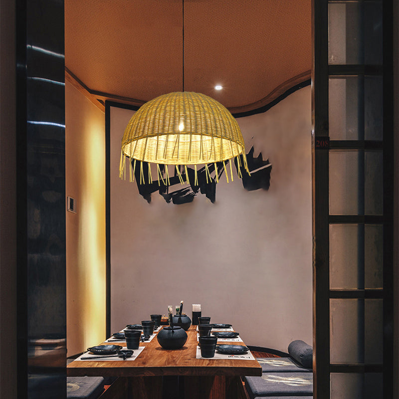 Minimalist Dome Suspension Lighting Rattan 1 Head Restaurant Pendant Ceiling Light in Wood