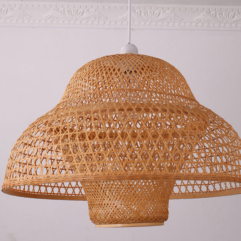 Hot Pot-Shaped Restaurant Pendant Light Bamboo Single-Bulb Contemporary Suspension Light in Wood