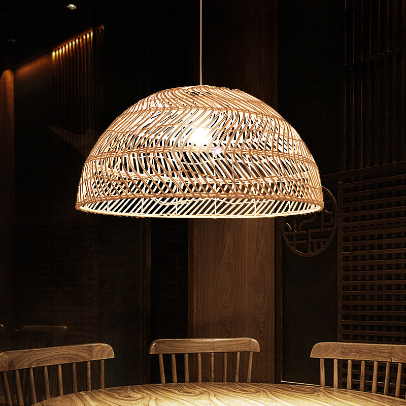 Rattan Dome Shaded Suspension Lighting Simplicity 1-Light Wood Pendant Light Fixture