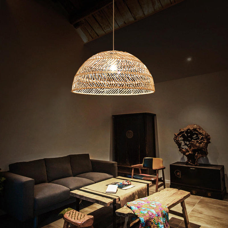 Rattan Dome Shaded Suspension Lighting Simplicity 1-Light Wood Pendant Light Fixture