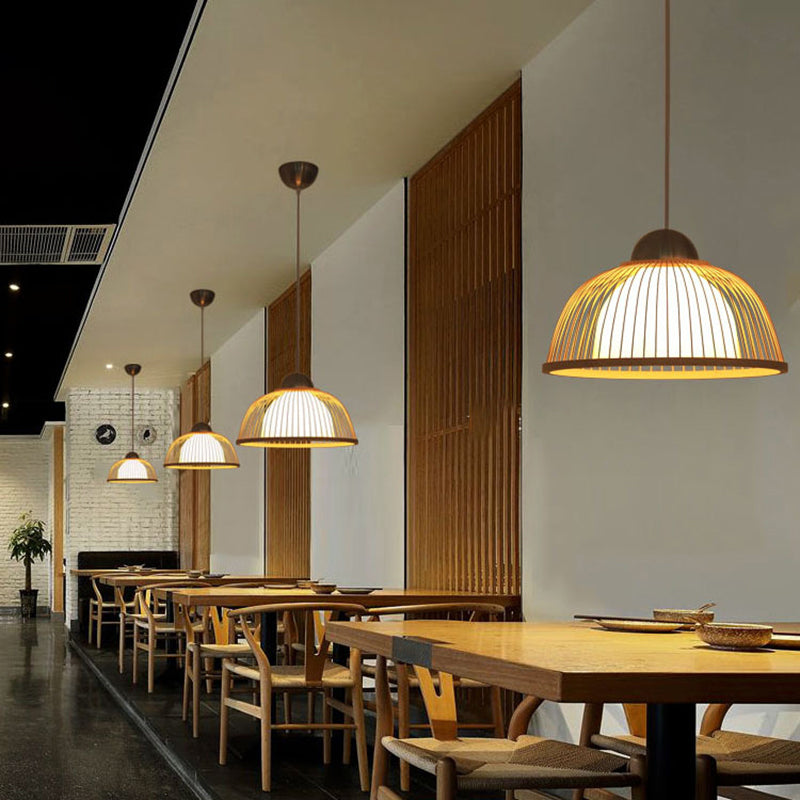 Hemispherical Bamboo Ceiling Light Asian Style 1 Bulb Wood Hanging Lamp for Restaurant