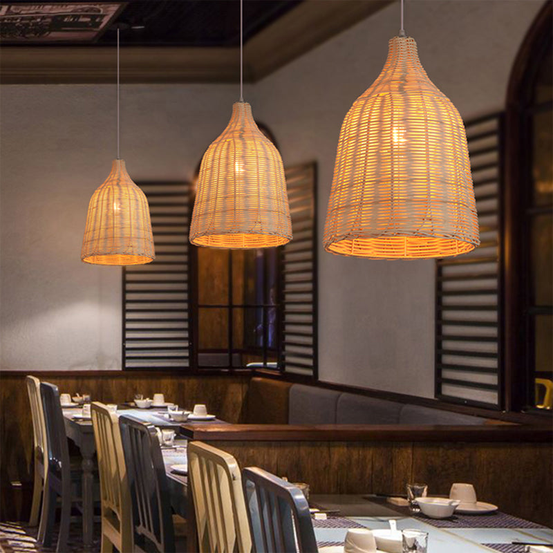 South-east Asia Handcrafted Pendant Light Rattan Single-Bulb Contemporary Suspension Light in Wood