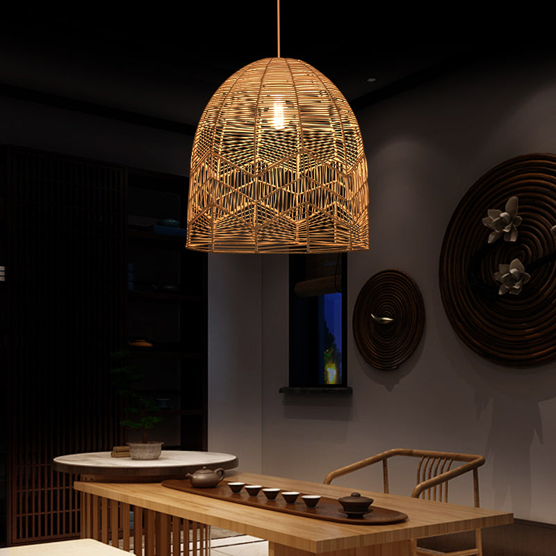 Elongated Ceiling Lighting Asian Style Rattan 1 Bulb Wood Hanging Lamp for Tea Room