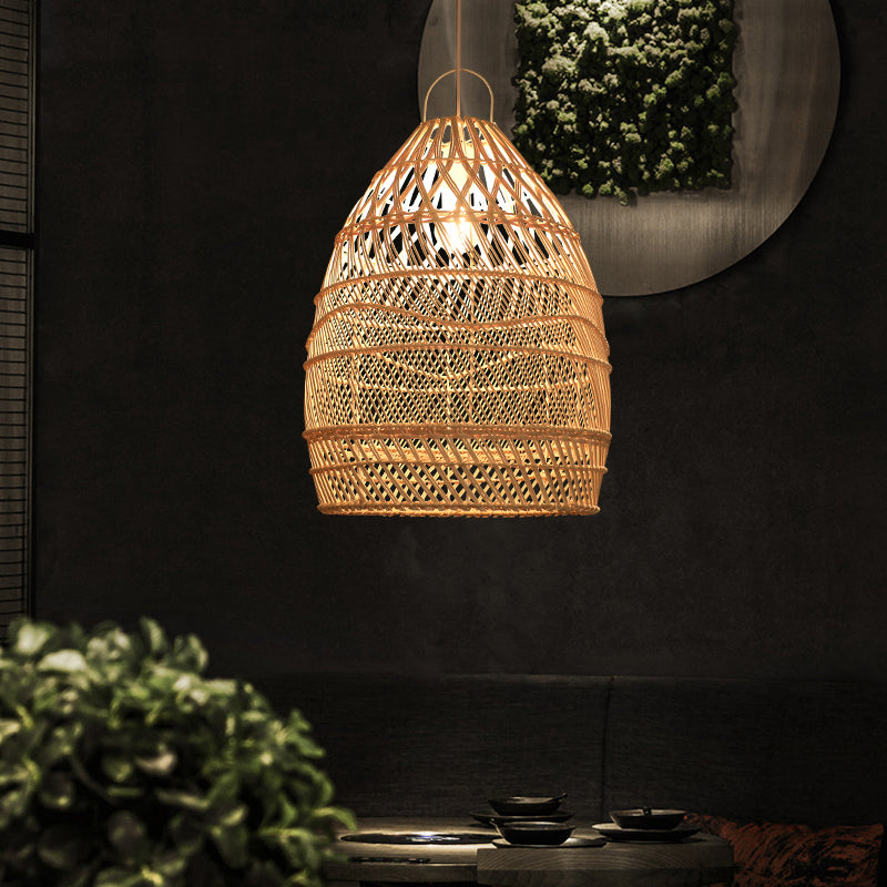 Asian Style Elongated Suspension Lighting Rattan 1 Head Restaurant Pendant Ceiling Light in Wood