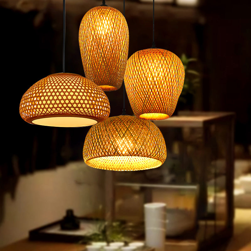 Handwoven Rattan Suspension Light Simplicity 1-Light Wood Pendant Lighting Fixture