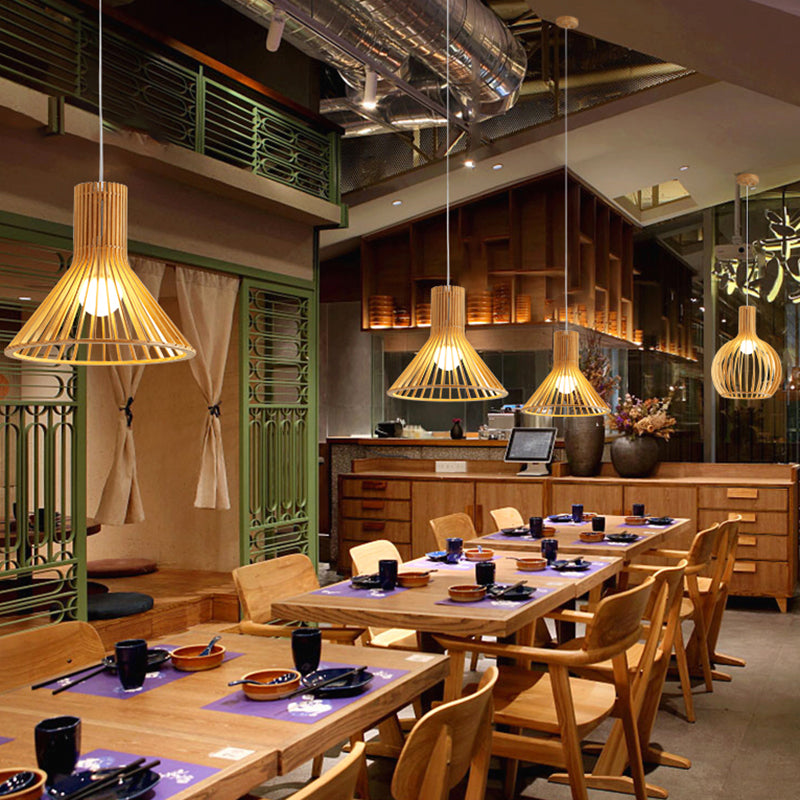 South-east Asia Shaded Ceiling Light Wood Single Restaurant Hanging Pendant Lighting