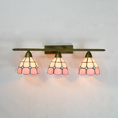 Yellow/Pink/Green/Blue Dome Wall Sconce Lamp Vintage Tiffany 3 Lights Wall Mount Light in Brass for Bathroom