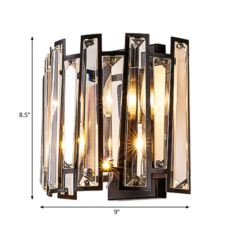 Drum Shape Sconce Light Fixture Modernist Clear Crystal 2 Lights Black Finish Wall Lamp for Corridor